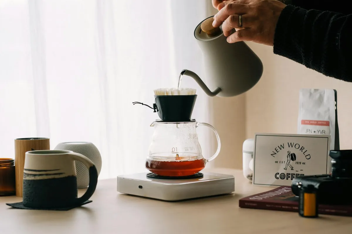 A morning coffee on a wooden counter